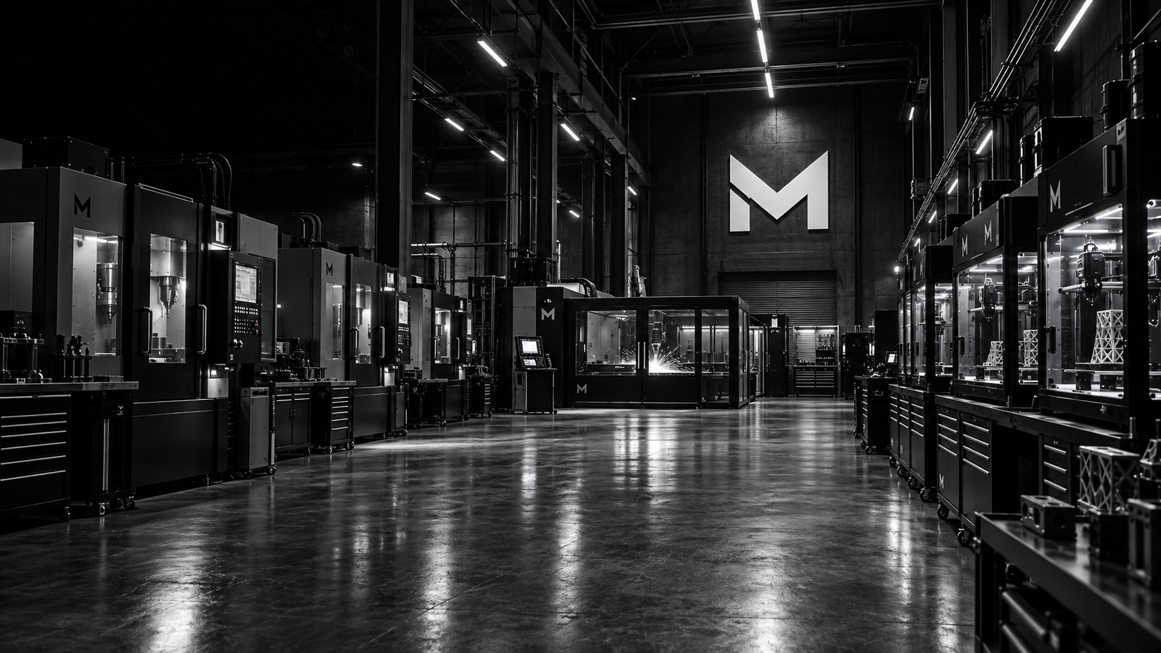 MUC factory concept with CNC machines, laser equipment and 3D printers